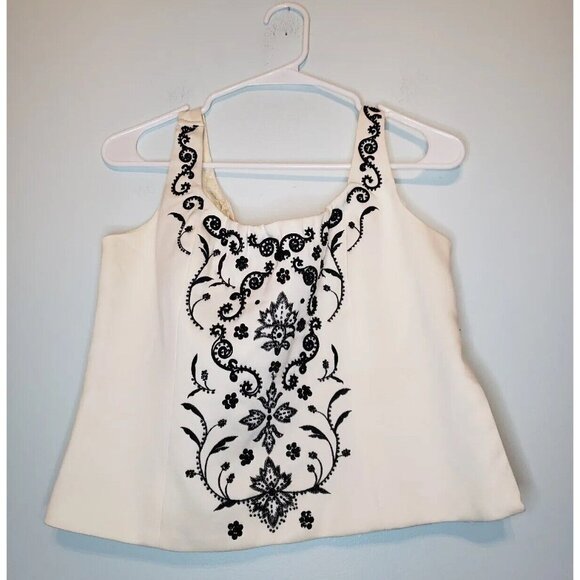 Sandra Darren Tops - Sandra Darren Womens Petite 10P Fancy Top Ivory Black Beaded Cropped Sleeveless
